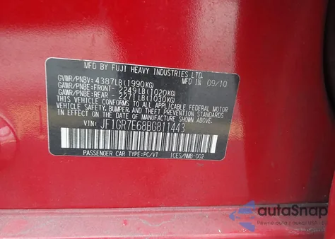 2011 Subaru Impreza Wrx from USA, damaged, VIN JF1GR7E68BG811443